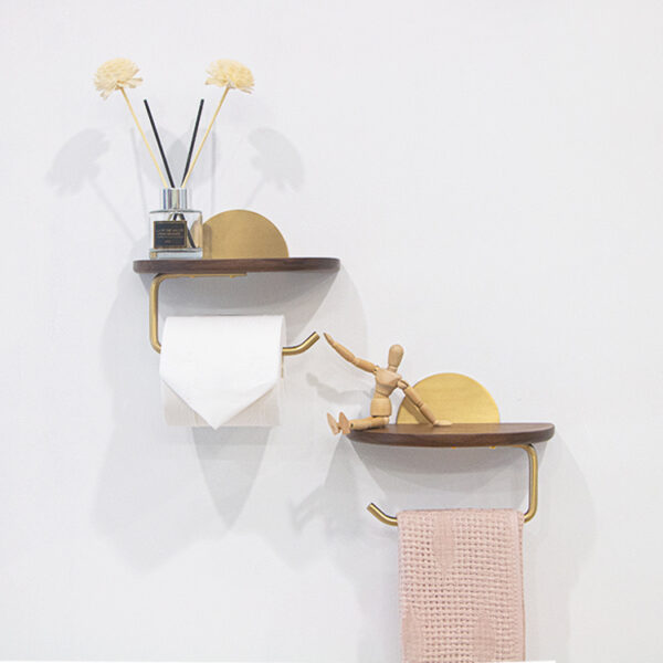 Modern Walnut & Brass Toilet Paper Holder with Storage Shelf - Image 2
