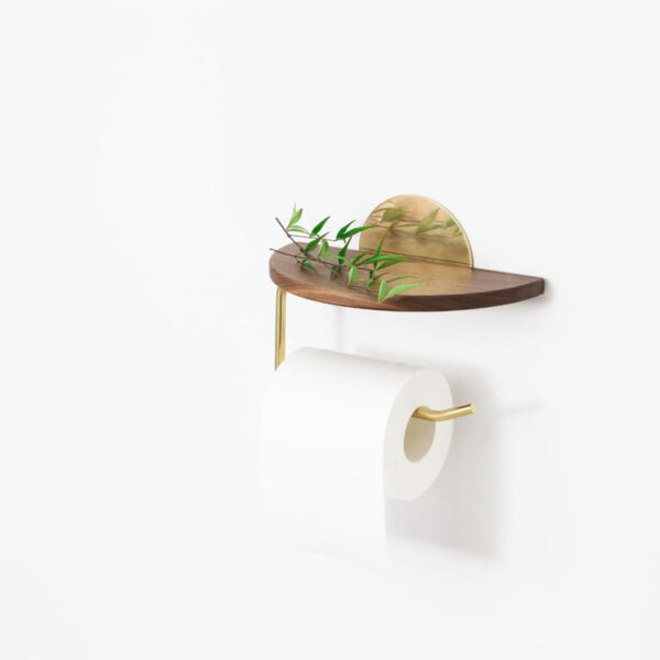 Modern Walnut & Brass Toilet Paper Holder with Storage Shelf - Image 4