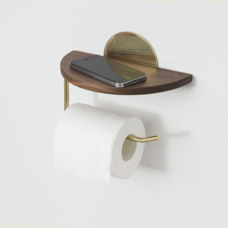 Modern Walnut & Brass Toilet Paper Holder with Storage Shelf