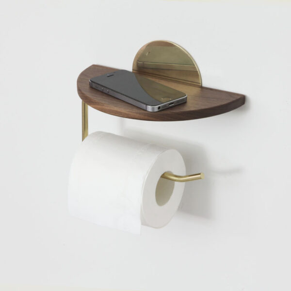 Modern Walnut & Brass Toilet Paper Holder with Storage Shelf