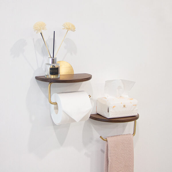 Modern Walnut & Brass Toilet Paper Holder with Storage Shelf - Image 5