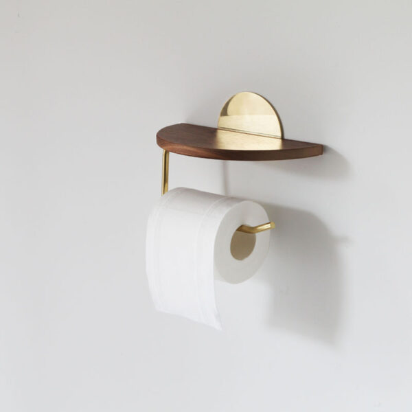 Modern Walnut & Brass Toilet Paper Holder with Storage Shelf - Image 3