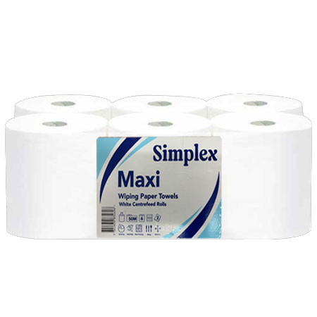 6 Rolls Pure White Centrefeed 2ply Glue Embossed – Simplex Maxi